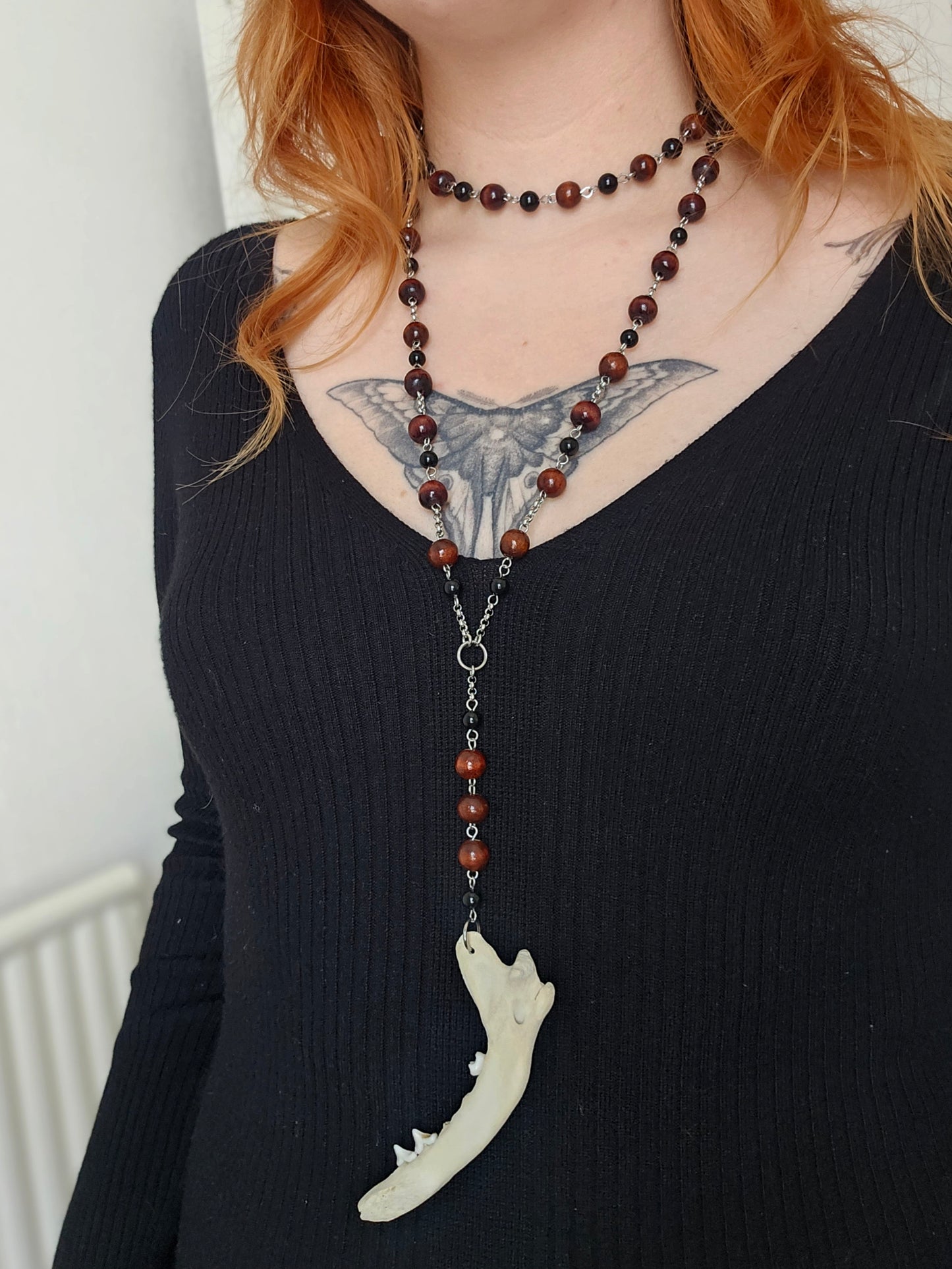 Wooden & crystal fox jaw rosary