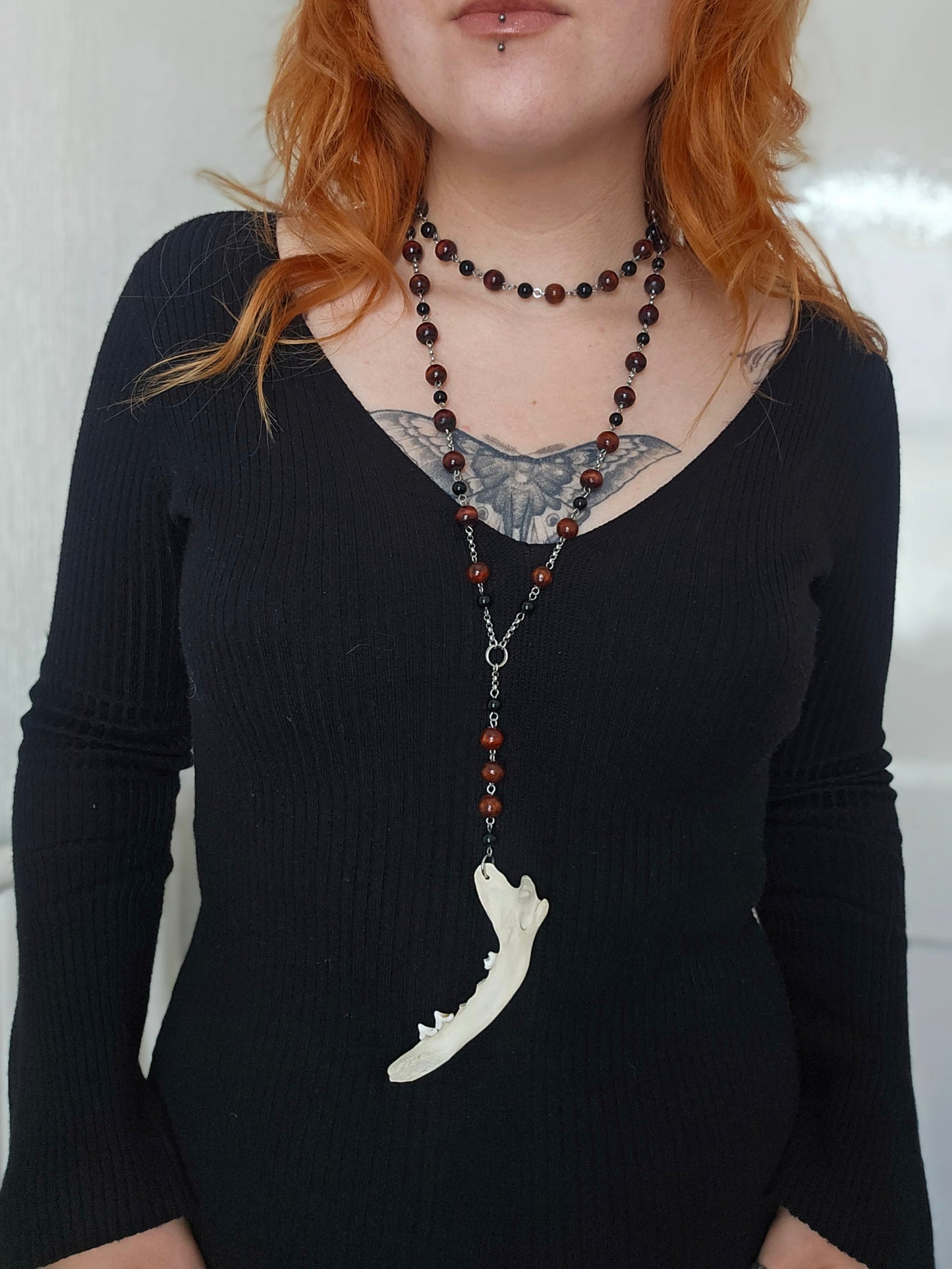 Wooden & crystal fox jaw rosary