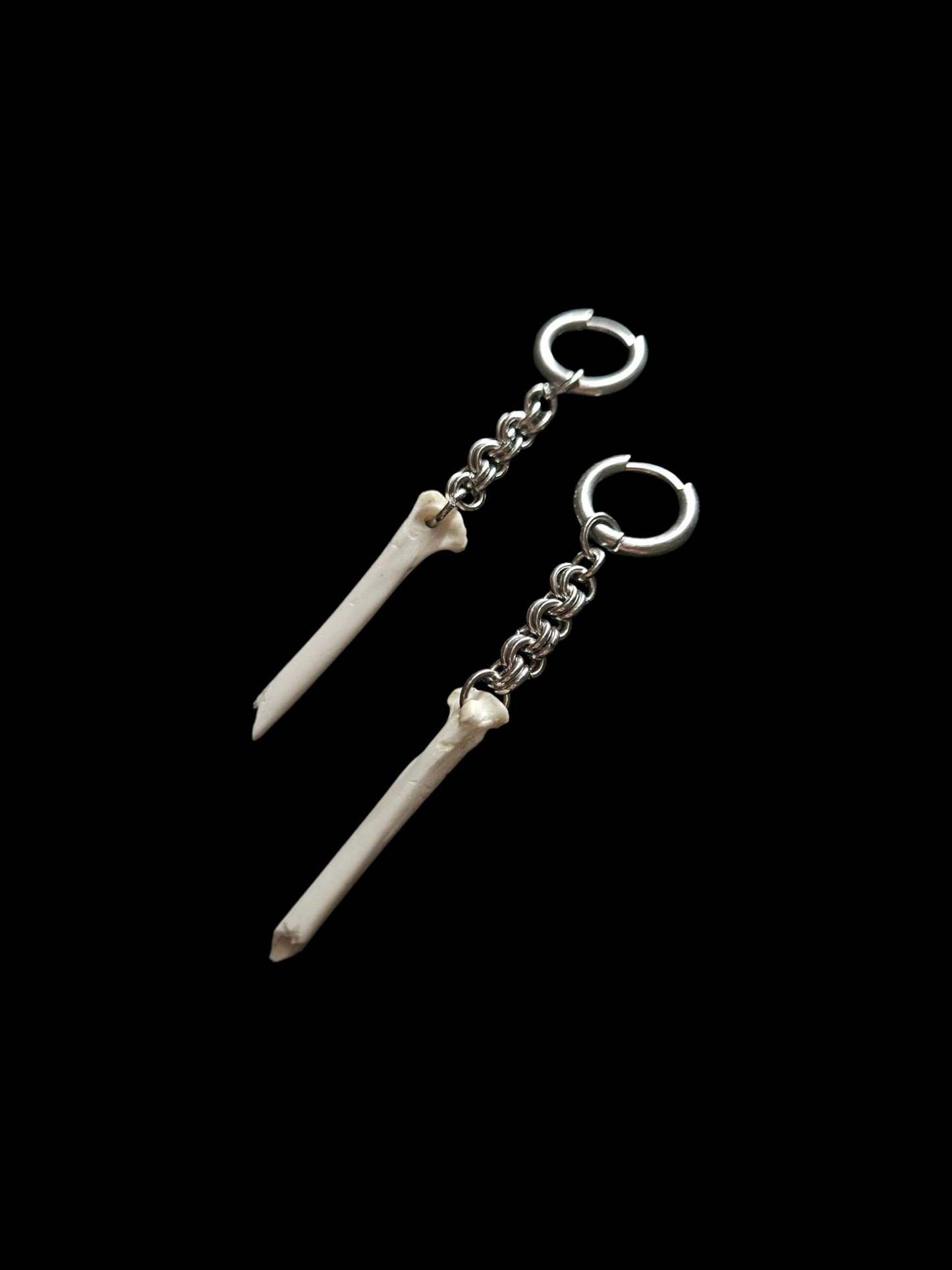 Bird bone earrings with steel chain mail