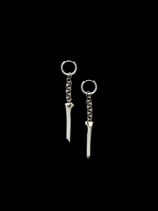 Bird bone earrings with steel chain mail