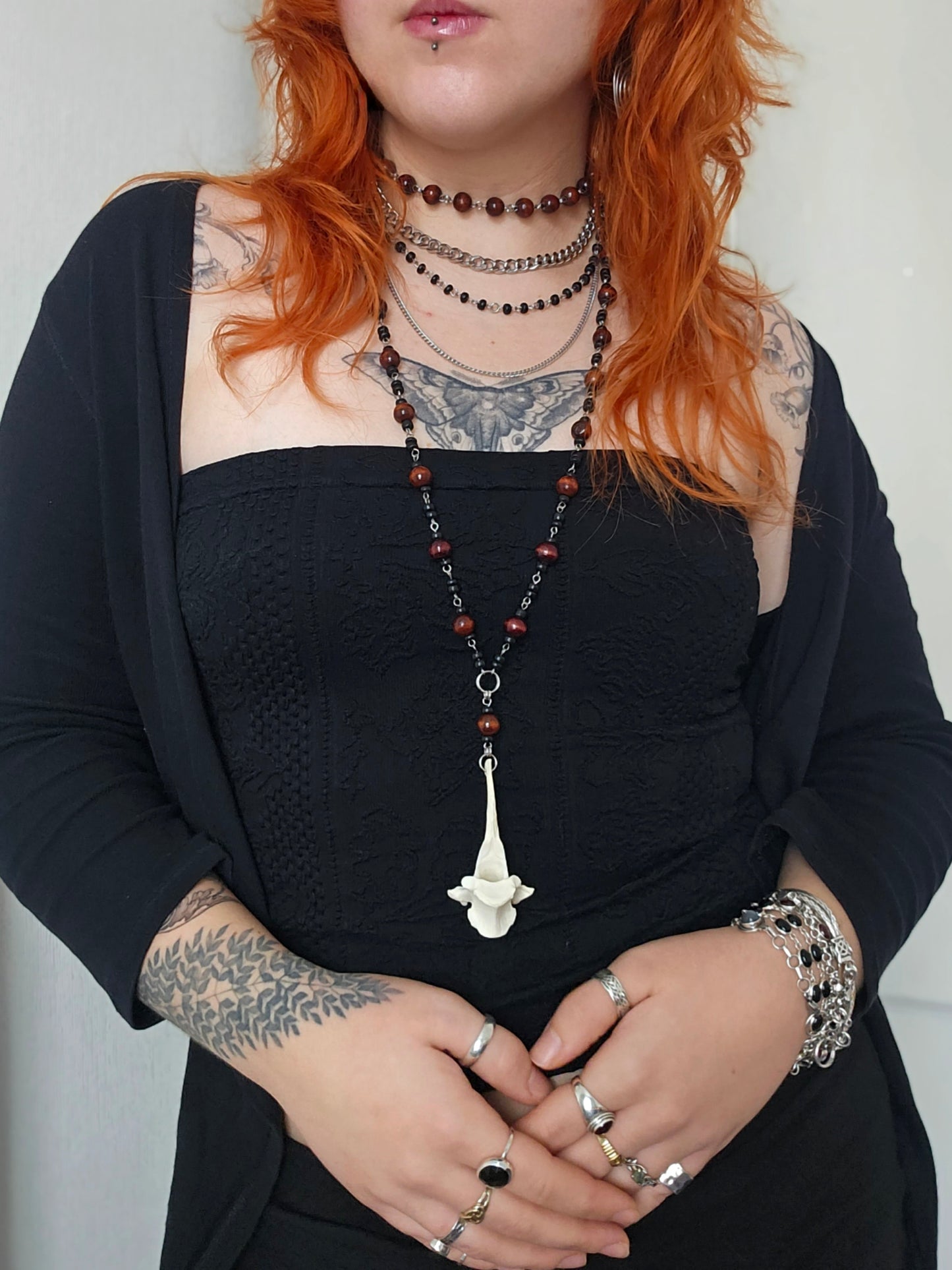 Long wooden necklace with deer vertebrae