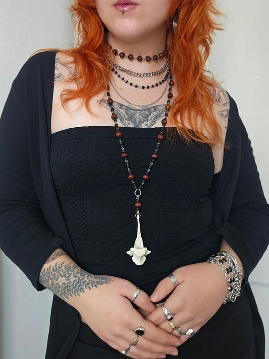 Long wooden necklace with deer vertebrae