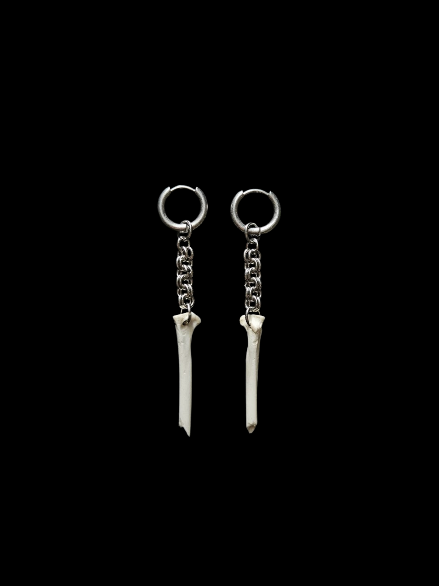 Bird bone earrings with steel chain mail